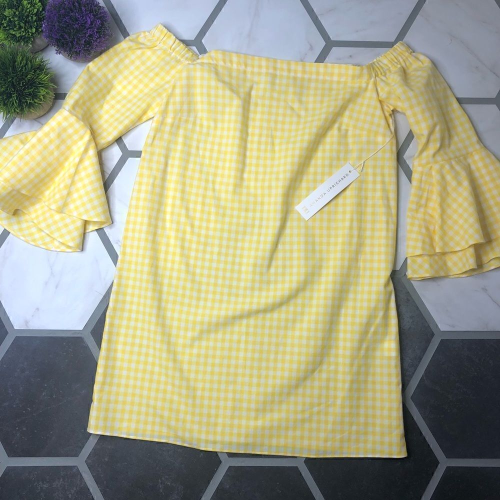 Amanda Uprichard yellow gingham bell sleeve dress - Picture 1 of 5